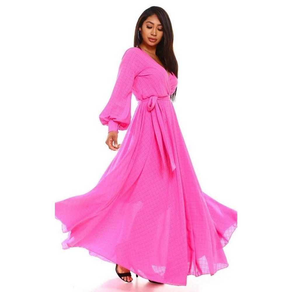 Los Angeles Boutique Bright Neon Pink Long Sleeve V Neck Maxi Dress Boho M